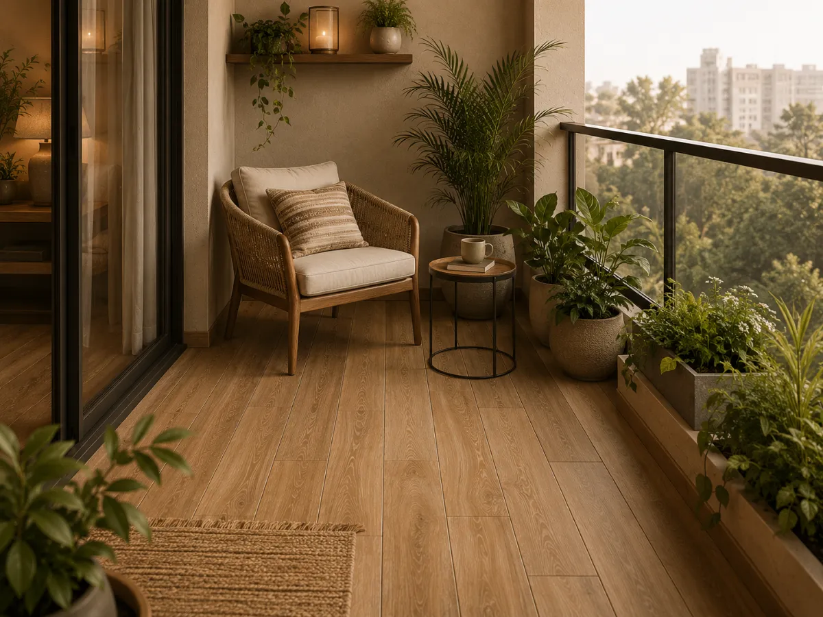 Wood-Look Tiles for a Cosy Balcony Corner